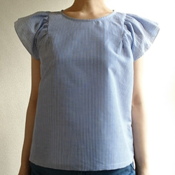 <creema限定> Flare sleeve pullover　harf linen  striped 2枚目の画像