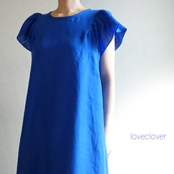 <creema限定>Flare sleeve onepiece Japanese linen  瑠璃色 1枚目の画像