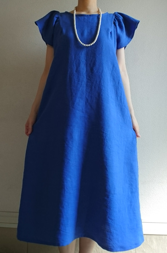 <creema限定>Flare sleeve onepiece Japanese linen  瑠璃色 8枚目の画像