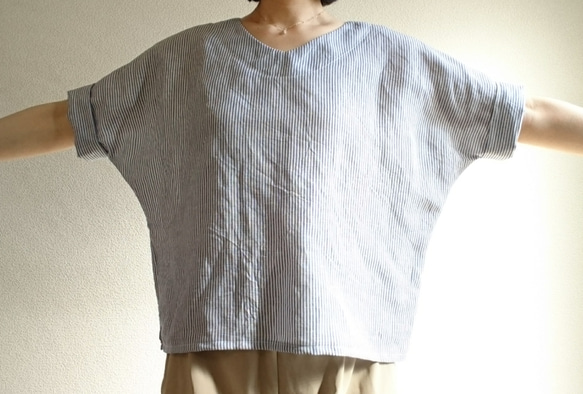 ＜新作予約＞Rolled up sleeve pullover　harf linen  striped　 2枚目の画像