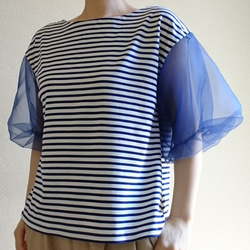 <ご予約商品> Balloon sleeve　knit pullover     Blue striped 1枚目の画像