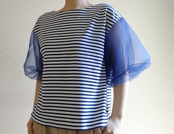 <ご予約商品> Balloon sleeve　knit pullover     Blue striped 1枚目の画像