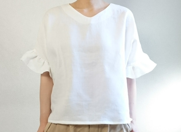 <新作>Hirahirasode flare pullover  french linen blanc 4枚目の画像