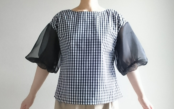 <creema限定> Balloon sleeve　gingham check pullover 　Blue 10枚目の画像