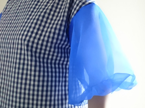 <creema限定> Balloon sleeve　gingham check pullover 　Blue 2枚目の画像