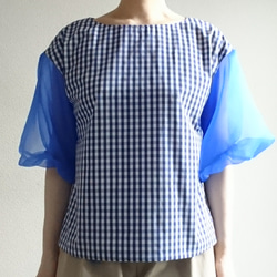 <creema限定> Balloon sleeve　gingham check pullover 　Blue 4枚目の画像