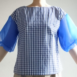 <creema限定> Balloon sleeve　gingham check pullover 　Blue 5枚目の画像