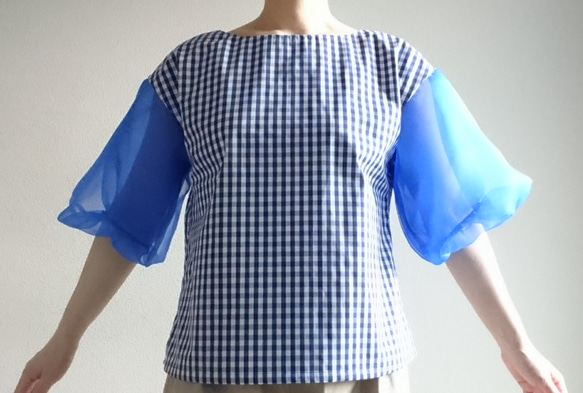 <creema限定> Balloon sleeve　gingham check pullover 　Blue 5枚目の画像