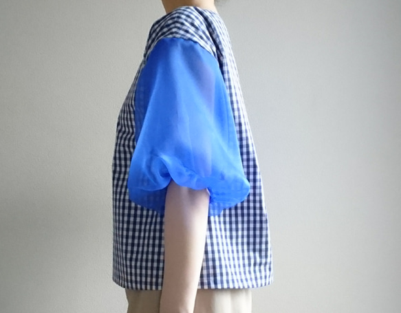 <creema限定> Balloon sleeve　gingham check pullover 　Blue 6枚目の画像