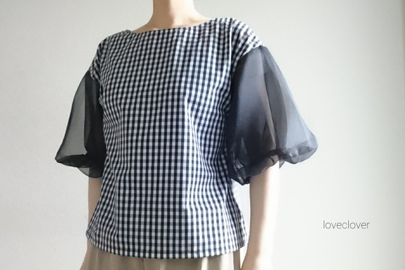 <creema限定> Balloon sleeve　gingham check pullover 　Blue 8枚目の画像