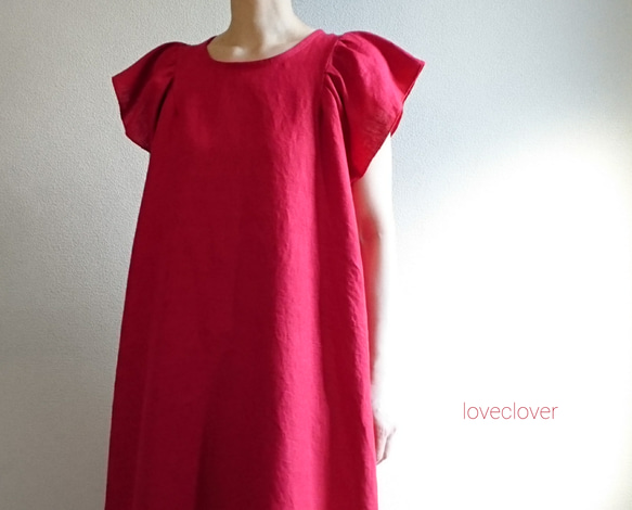 <creema限定>Flare sleeve onepiece Japanese linen  茜色 1枚目の画像