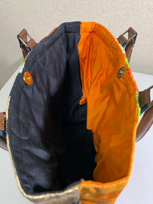 【現品1点限り】HAJIME AYUMU 高級織柄着物帯&牛革リメイクカジュアルリバーシブルハンドバッグ 8枚目の画像