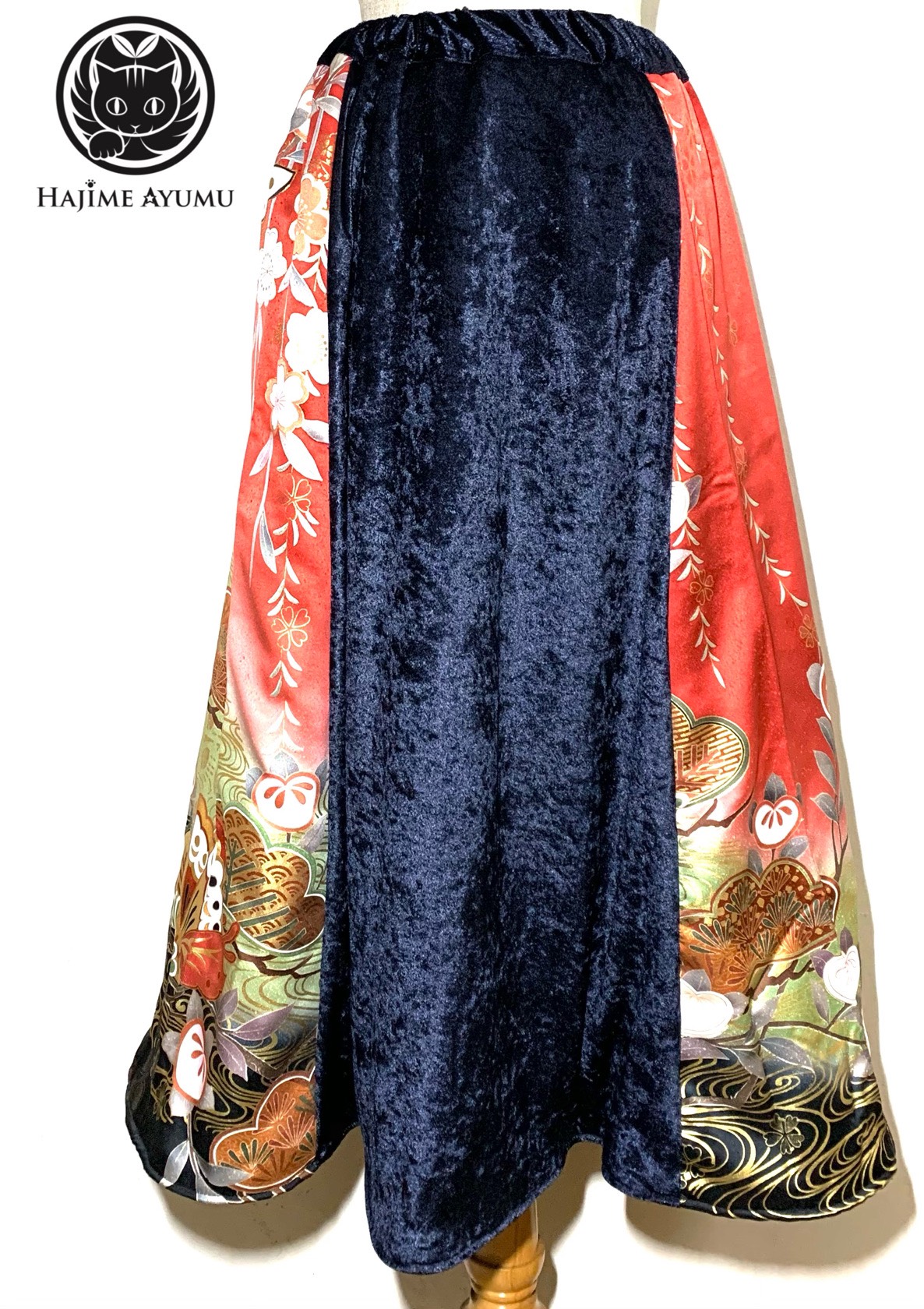 【現品1点のみ‼︎】HAJIME AYUMU 高級柄付着物リメイク&ベロアデザインフレアスカート 裏地フリース付き