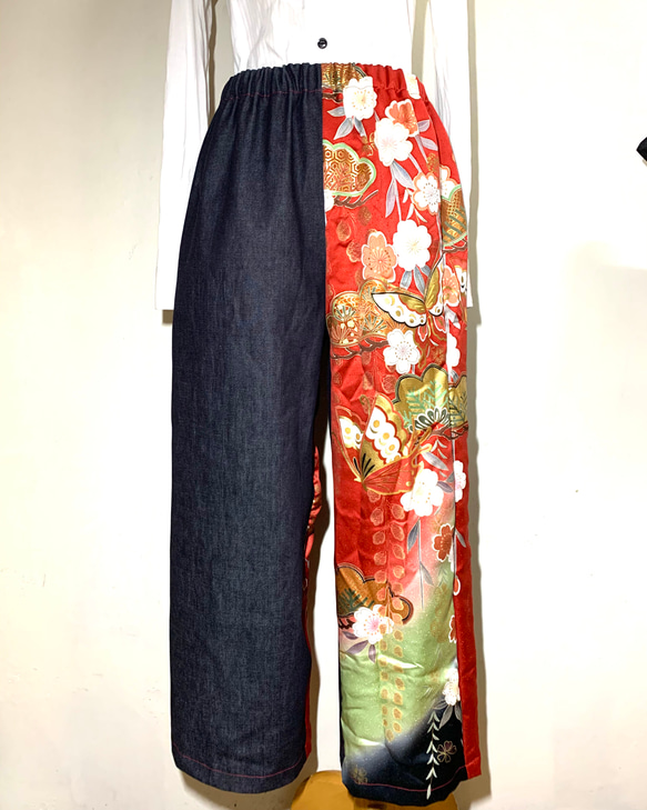 【現品1点のみ‼︎】HAJIME AYUMU 高級児島デニム&高級和柄着物 リメイクアシンメトリーワイドパンツ 2枚目の画像