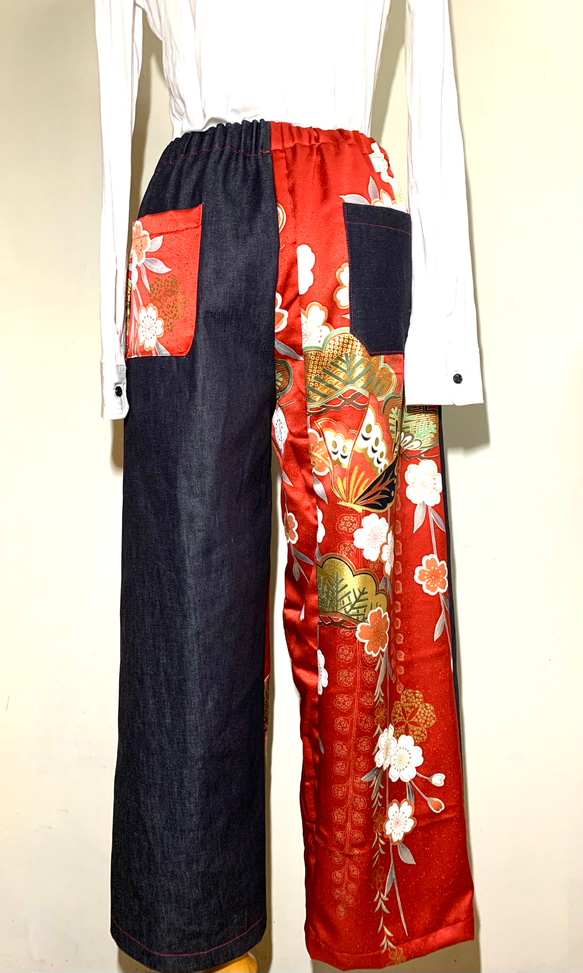 【現品1点のみ‼︎】HAJIME AYUMU 高級児島デニム&高級和柄着物 リメイクアシンメトリーワイドパンツ 4枚目の画像