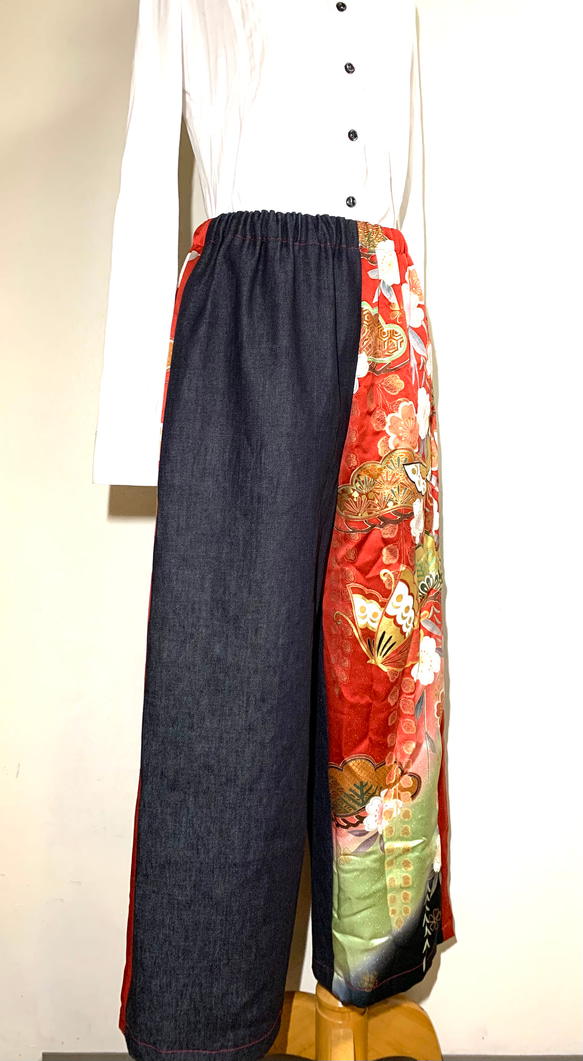 【現品1点のみ‼︎】HAJIME AYUMU 高級児島デニム&高級和柄着物 リメイクアシンメトリーワイドパンツ 9枚目の画像