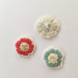 〔受注制作〕刺繍のお花イヤリング No1（朱色） 送料無料 5枚目の画像