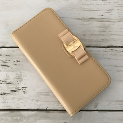 ベージュ レザー調リボン手帳型ケース スマホケース iPhoneケース カード収納 ゴールドシルバー 1枚目の画像