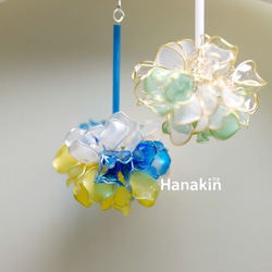 Hanakin花金 花球 藍x黃 手作飾品耳環（單顆） 第3張的照片