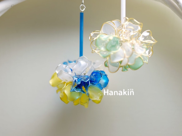 Hanakin花金 花球 藍x黃 手作飾品耳環（單顆） 第3張的照片