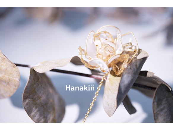 Hanakin花金 線絲編織冬花 白 手作飾品耳環（單顆） 第3張的照片