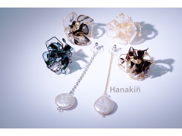 Hanakin花金 線絲編織冬花 暈染淺藍墨綠 手作飾品耳環（單顆） 第6張的照片