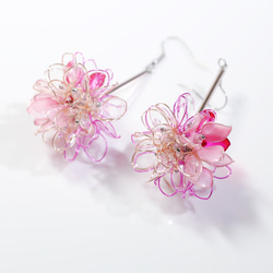 花金フラワー金玉透明ピンクハンドメイドジュエリーピアス（ペア