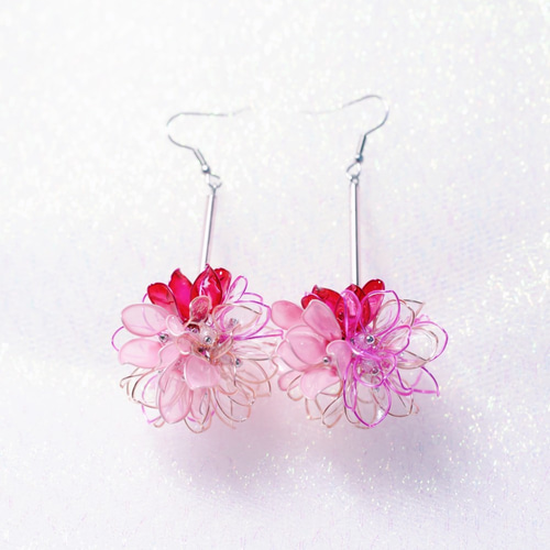 花金フラワー金玉透明ピンクハンドメイドジュエリーピアス（ペア