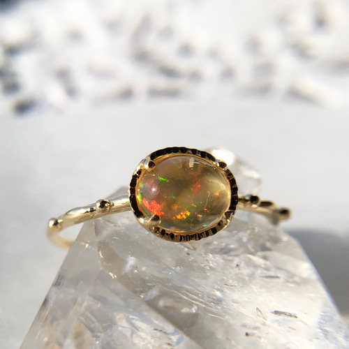 K18メキシコオパールリング⭐原石⭐ルビー⭐エメラルド⭐12号⭐着画