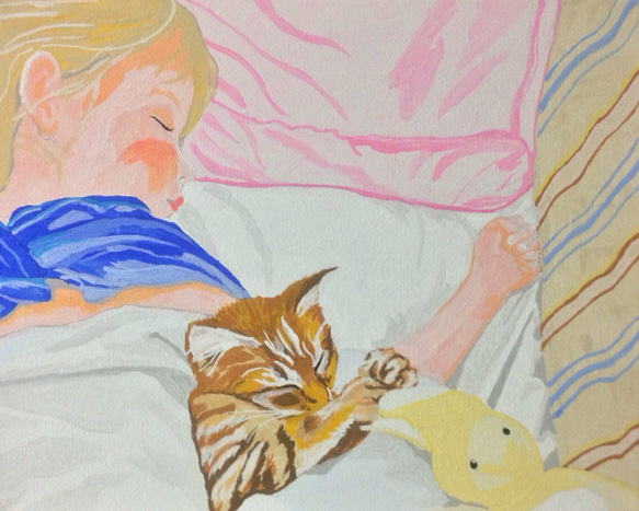 女の子と猫のアクリルガッシュ画1 1枚目の画像