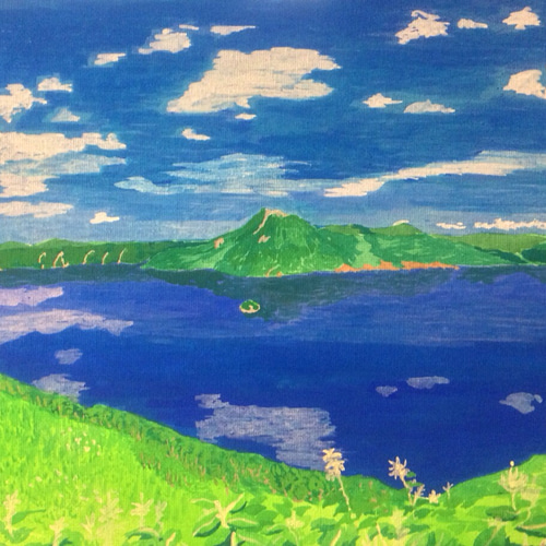 アクリル絵画「Lakeside in spring」原画【手描き/湖畔・桜・春 アクリル絵画「Lakeside in spring」原画【手描き/湖畔・桜・春