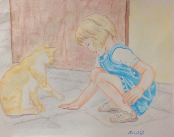 女の子と猫の水彩画4 1枚目の画像