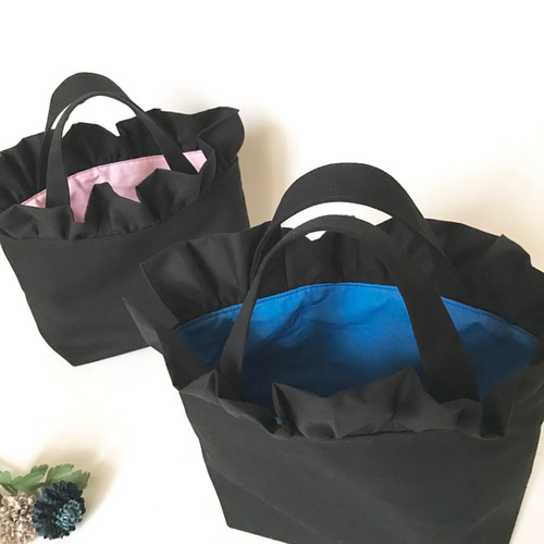 華やかフリル 帆布バッグ ☆ ブラック×セルリアンブルー トート