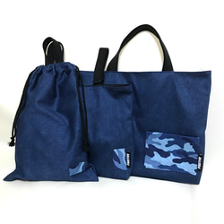 PON 入園グッズ ブルーグレー×濃紺デニム風 ハンドメイド Amazon.co.jp: ＜ 手作り ＞ レッスンバッグ デニム風カラー