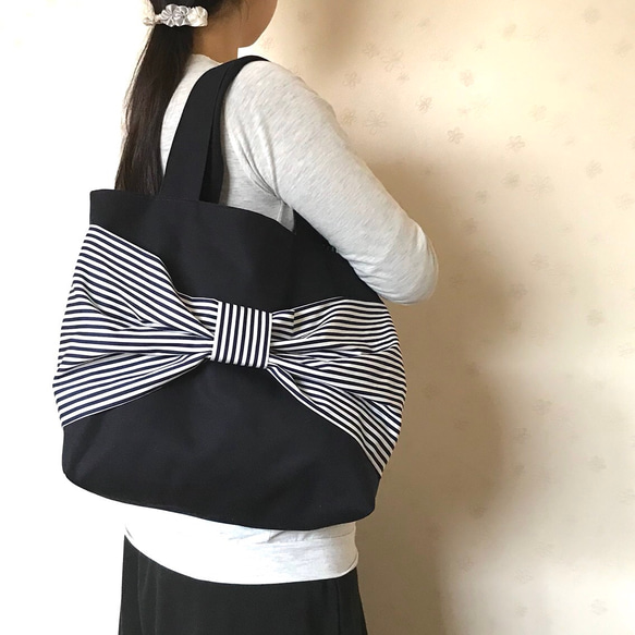 完売 ビックリボントートバッグ ☆ たっぷり大きめ ダークネイビー トップス