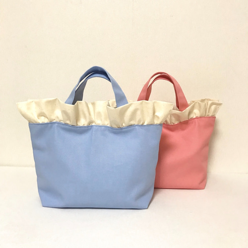 フリル付きバッグ 青・ピンク 2色セット 華やかフリルバッグ コーラルピンク 桜色 トートバッグ aiwa_saku 通販