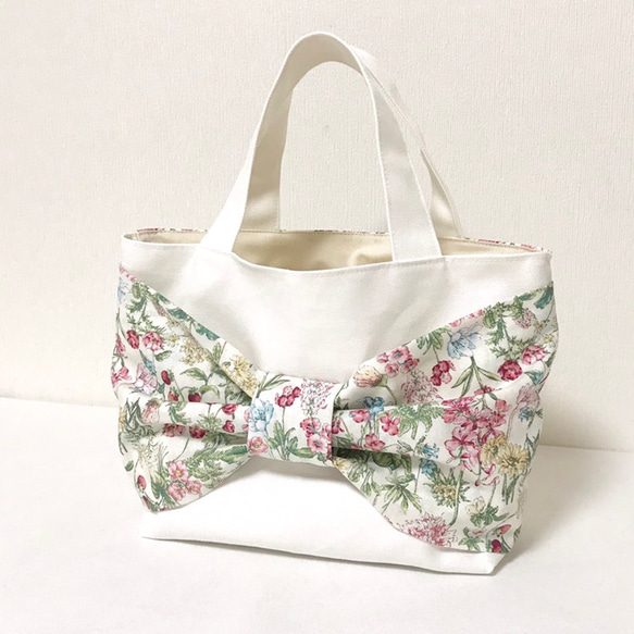 2way 花柄リボンバッグ garden ホワイトピンク トートバッグ