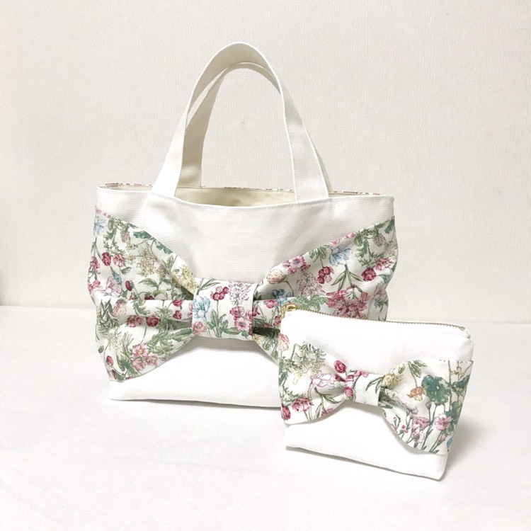 2way  花柄リボンバッグとポーチセット    Gearden ホワイトピンク