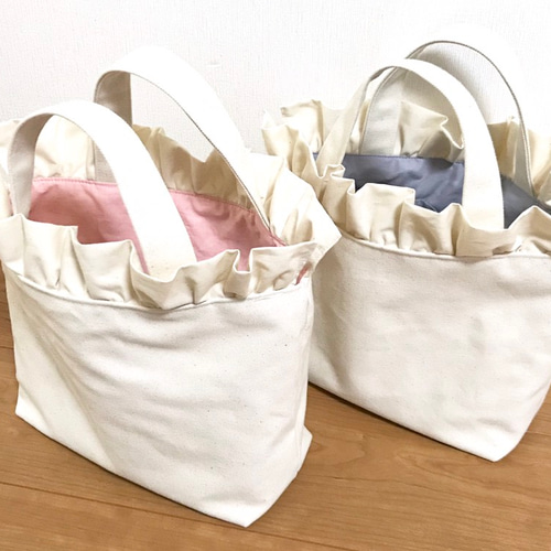 華やかフリル 帆布バッグ ☆ キナリ×グレー トートバッグ aiwa_saku 