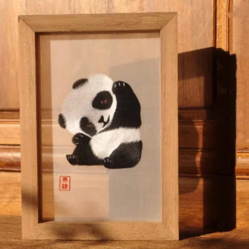 回転式 パンダ刺繍 置物 伝統工芸刺繍 ジャイアントパンダ刺繍置物