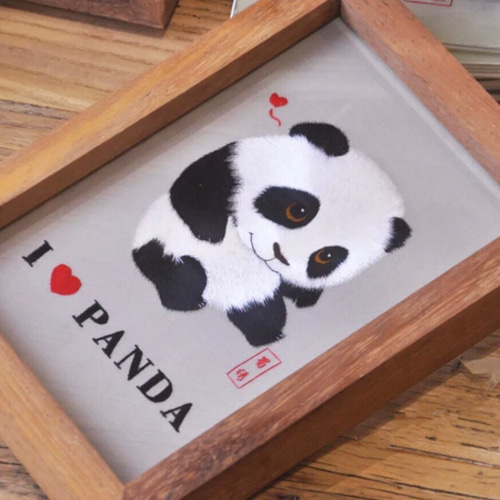 A267☆中国伝統工芸 高級 両面刺繍 パンダ 衝立 置物 共箱