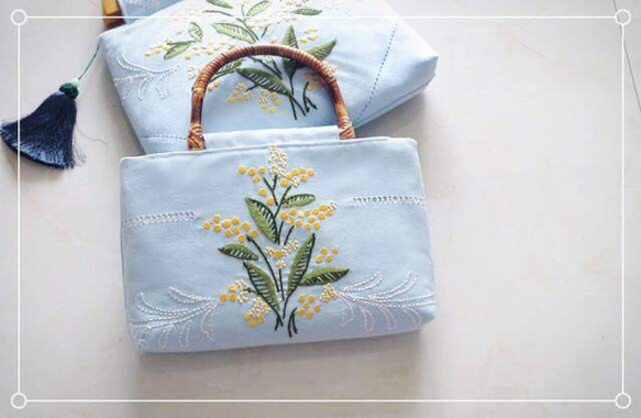 手縫い刺繍バッグ、綿麻バッグ 3枚目の画像