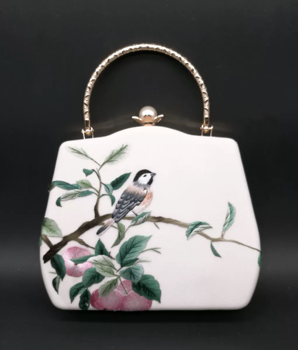手縫い蘇州刺繍バッグ りんごと鳥刺繍鞄  着物バッグ 1枚目の画像