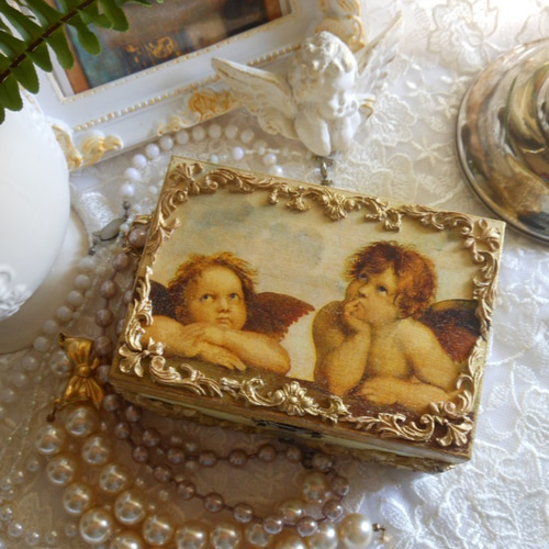 天使柄 デコパージュ 木製ジュエリー ボックス