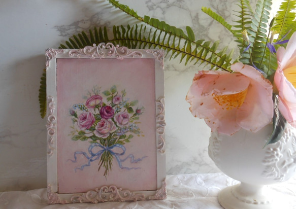 シャビーシックなハンドペイント薔薇のリボンブーケ　アートパネル（現在在庫はピンクリボンのブーケのみです） 8枚目の画像
