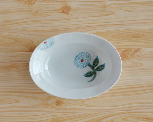 新品波佐見焼勲山窯20cm 楕円鉢ダリアライトブルー