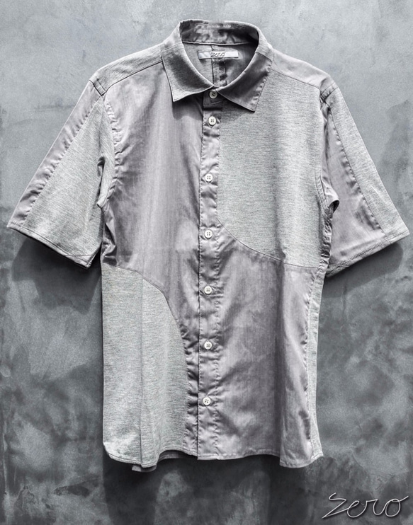 Symmetric Cut Short Sleeve Stretch Shirt - Gray Size1 第2張的照片