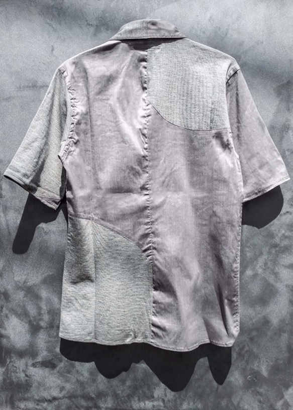 Symmetric Cut Short Sleeve Stretch Shirt - Gray Size1 第3張的照片