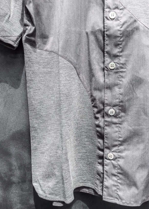 Symmetric Cut Short Sleeve Stretch Shirt - Gray Size1 第6張的照片