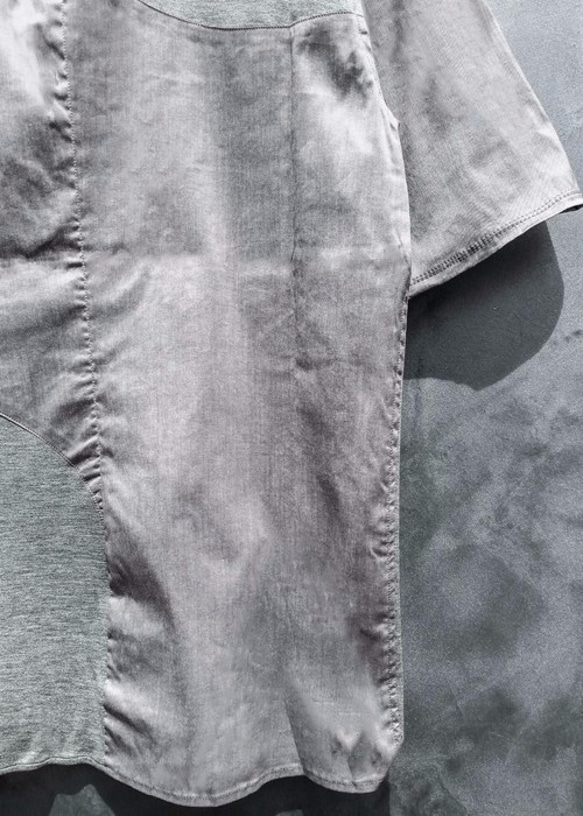 Symmetric Cut Short Sleeve Stretch Shirt - Gray Size1 第8張的照片